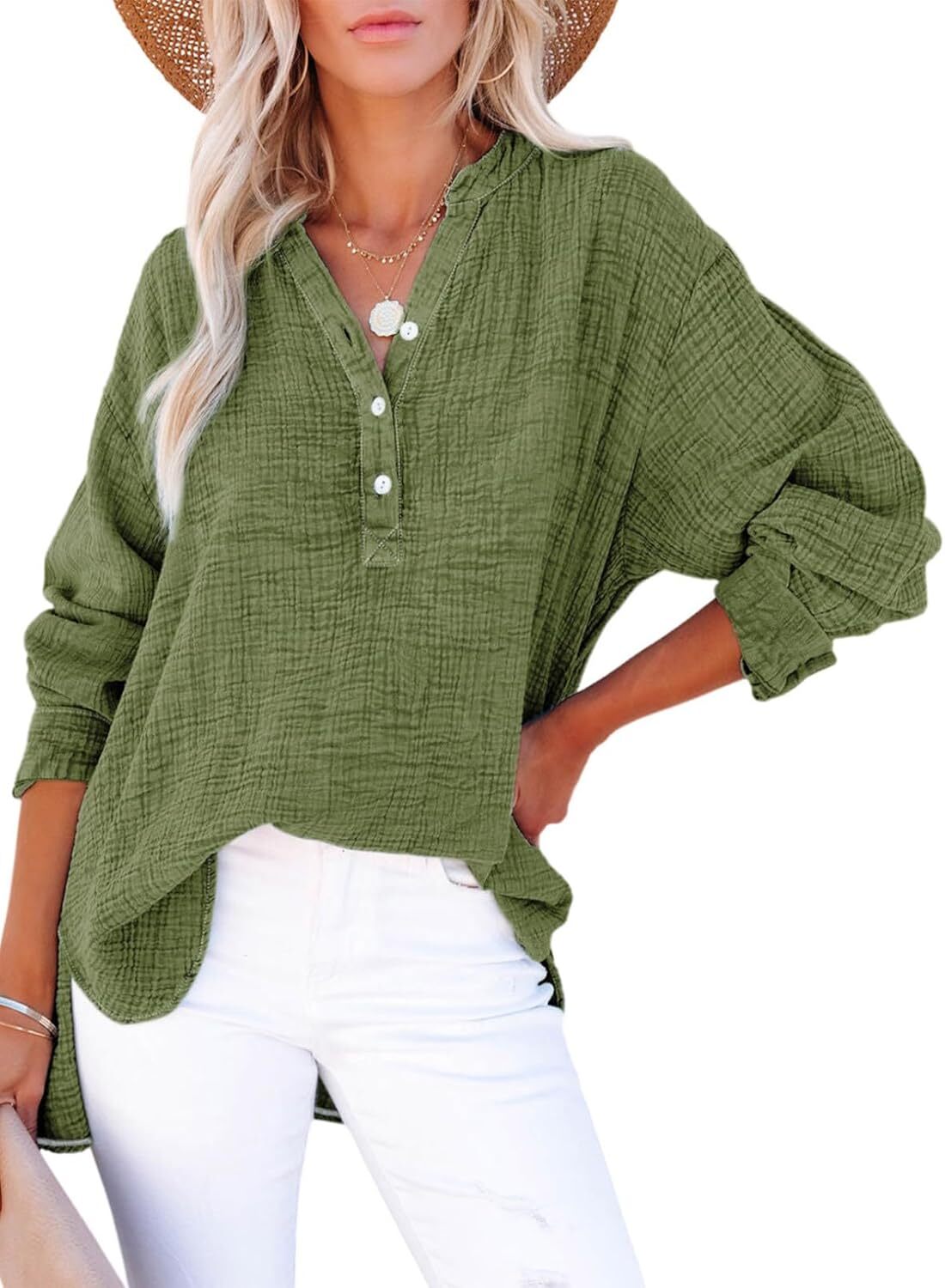 🌿 Women’s Lightweight Gauze Button Neck Oversized Long Sleeve Shirt ☀️