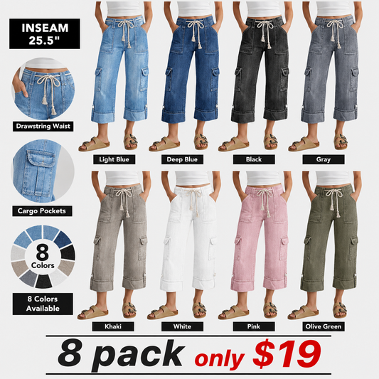 Drawstring Flap Pocket Roll Hem High Waist Straight Leg Crop Jeans