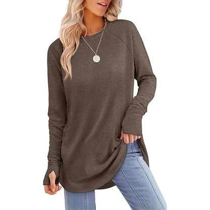 🌿 Women’s Casual Long Sleeve Tunic Top – Thumbhole Crew Neck Curved Hem Shirt for Leggings