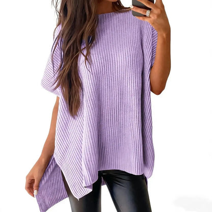 Women's Oversized Puff Short Sleeve Knit Sweater Casual Round Neck Side Slit Elegant Pullover Top