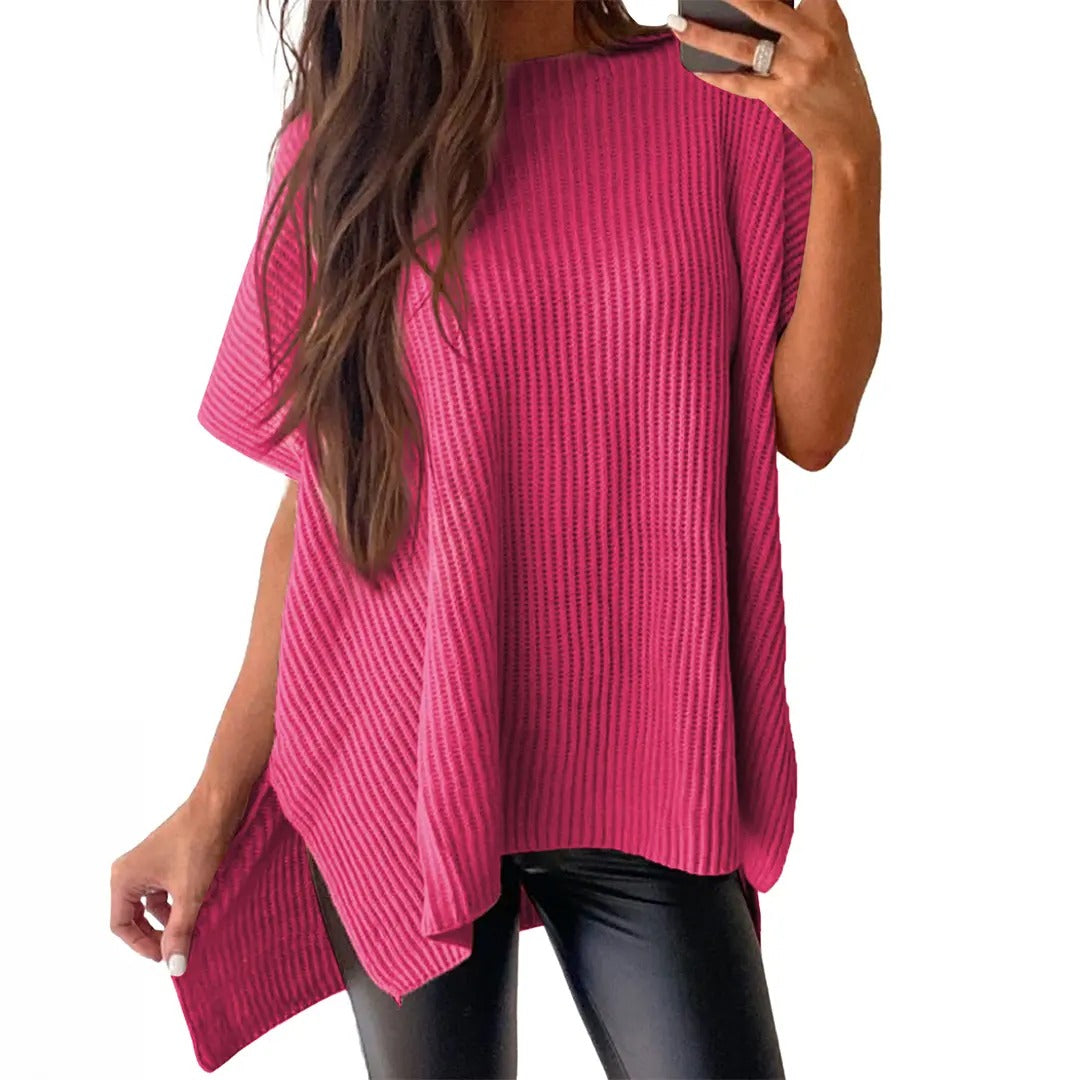 Women's Oversized Puff Short Sleeve Knit Sweater Casual Round Neck Side Slit Elegant Pullover Top