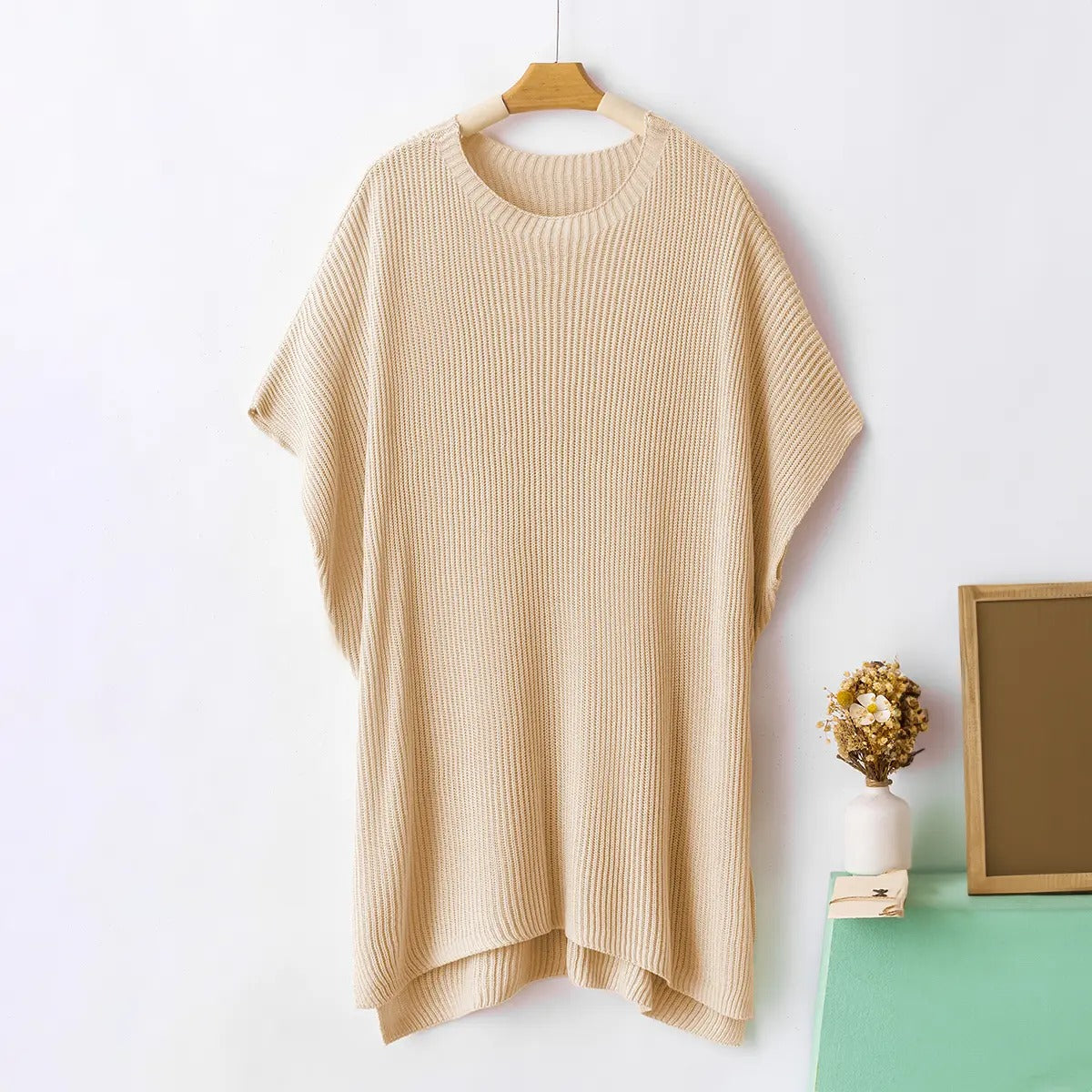Women's Oversized Puff Short Sleeve Knit Sweater Casual Round Neck Side Slit Elegant Pullover Top