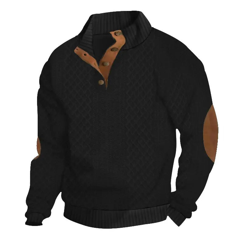 ⌛Men's Stand Collar Jacquard Knit Sweater, Micro Stretch 100% Polyester Elbow Patch Long Sleeve Top