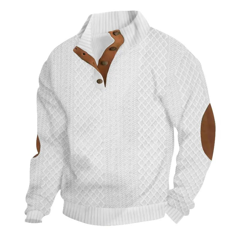 ⌛Men's Stand Collar Jacquard Knit Sweater, Micro Stretch 100% Polyester Elbow Patch Long Sleeve Top
