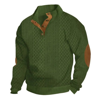 ⌛Men's Stand Collar Jacquard Knit Sweater, Micro Stretch 100% Polyester Elbow Patch Long Sleeve Top