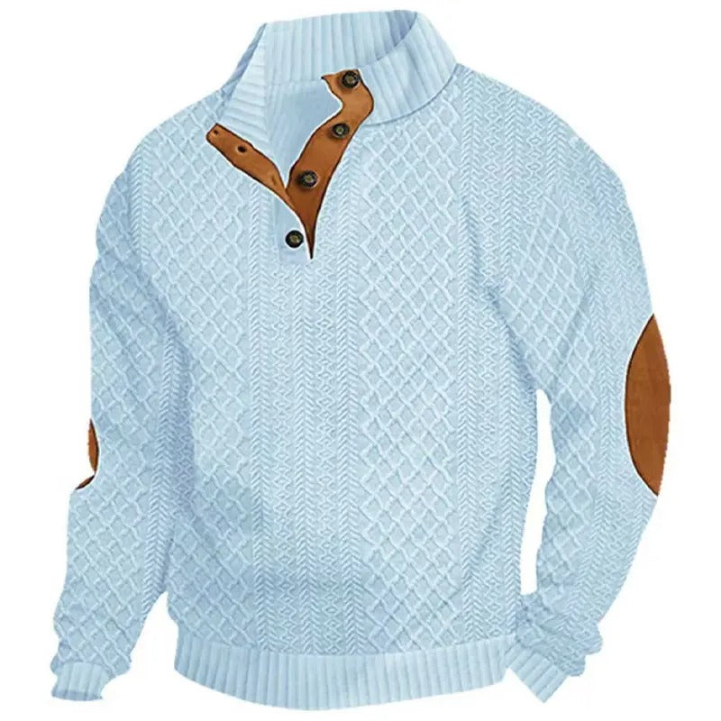 ⌛Men's Stand Collar Jacquard Knit Sweater, Micro Stretch 100% Polyester Elbow Patch Long Sleeve Top