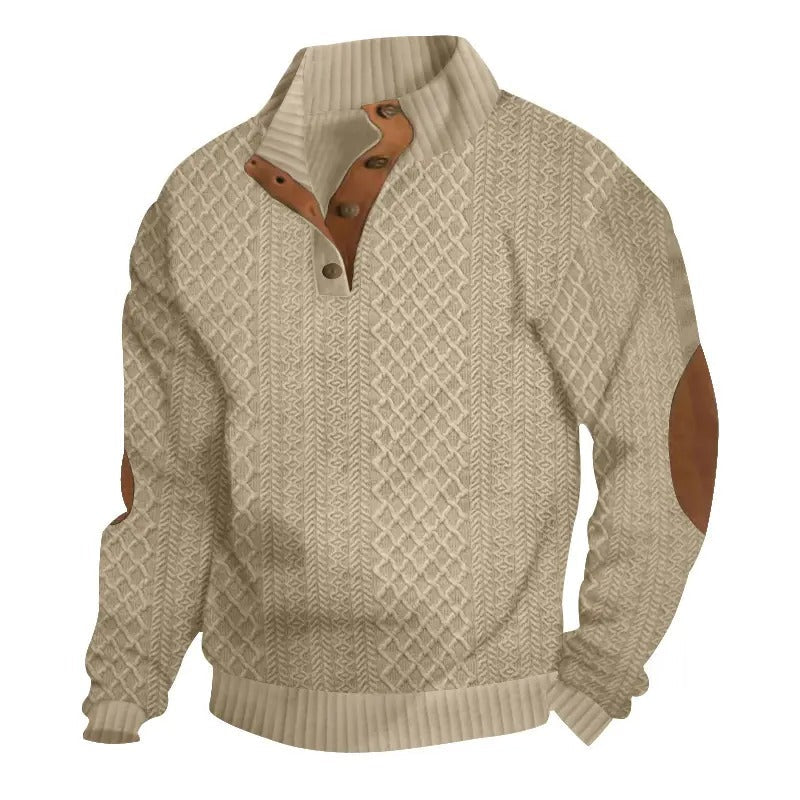 ⌛Men's Stand Collar Jacquard Knit Sweater, Micro Stretch 100% Polyester Elbow Patch Long Sleeve Top