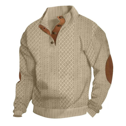 ⌛Men's Stand Collar Jacquard Knit Sweater, Micro Stretch 100% Polyester Elbow Patch Long Sleeve Top