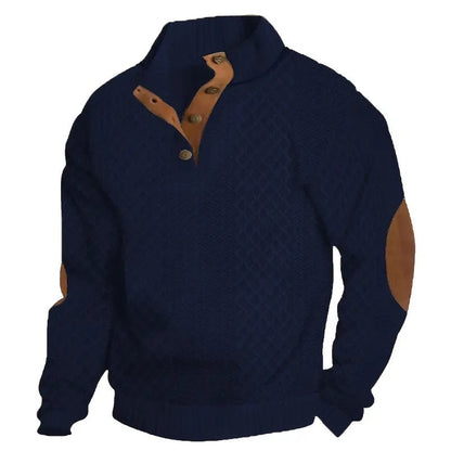 ⌛Men's Stand Collar Jacquard Knit Sweater, Micro Stretch 100% Polyester Elbow Patch Long Sleeve Top