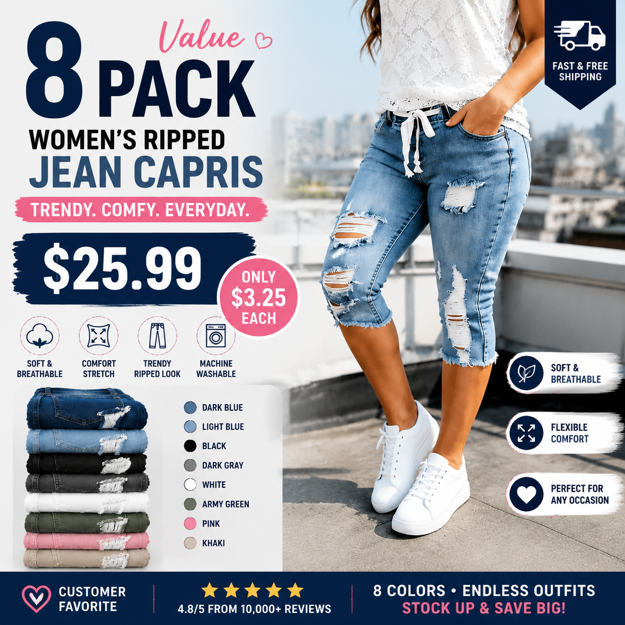 Fashion Distressed Ripped Capri Jeans Plus Size Casual High-Waisted Drawstring Waist Denim Cropped Pants + Lace cutout top