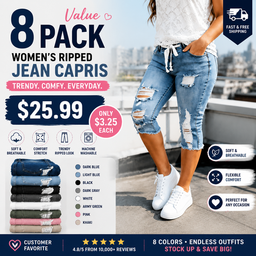 Fashion Distressed Ripped Capri Jeans Plus Size Casual High-Waisted Drawstring Waist Denim Cropped Pants + Lace cutout top