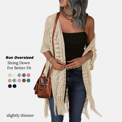 ✨ Women's Oversized Open Front Crochet Knit Cardigan 🌸 – Lightweight Tassel Kimono 💕