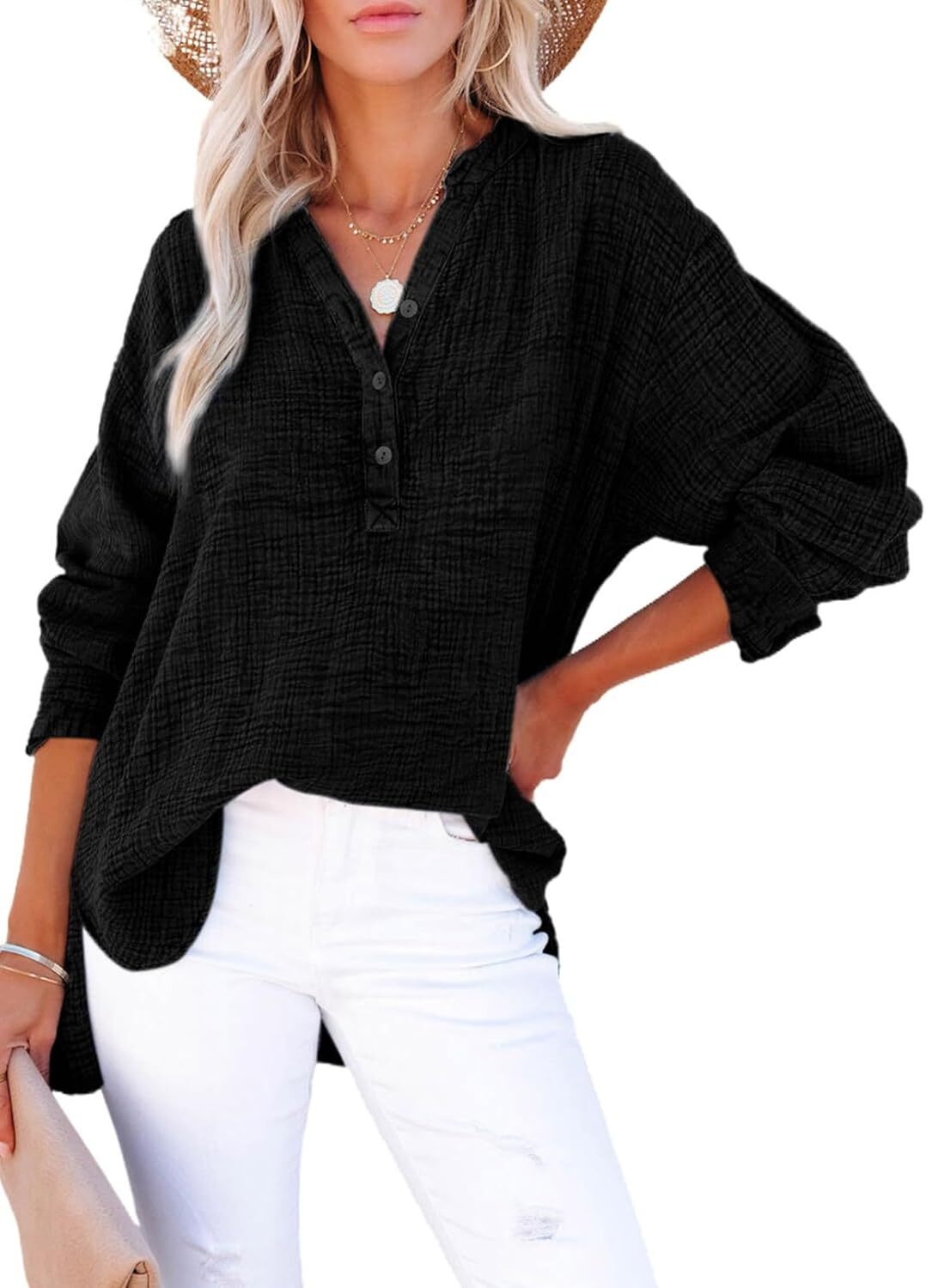 🌿 Women’s Lightweight Gauze Button Neck Oversized Long Sleeve Shirt ☀️