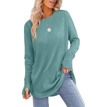 🌿 Women’s Casual Long Sleeve Tunic Top – Thumbhole Crew Neck Curved Hem Shirt for Leggings