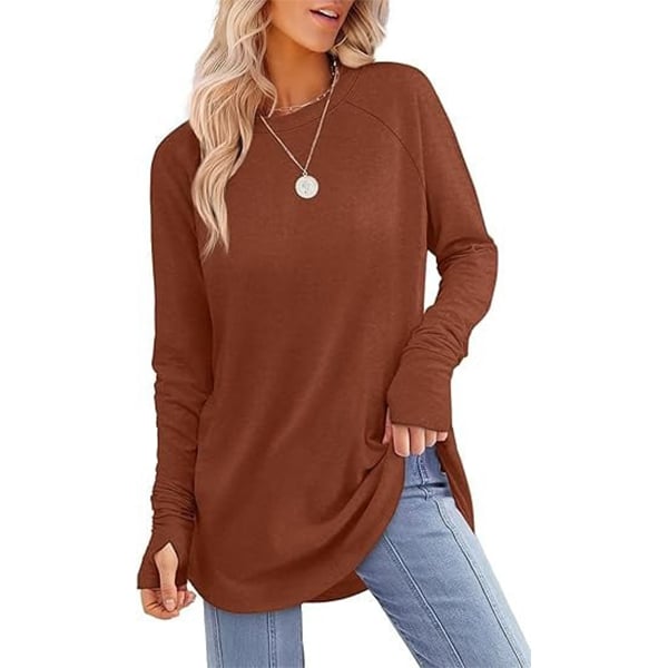 🌿 Women’s Casual Long Sleeve Tunic Top – Thumbhole Crew Neck Curved Hem Shirt for Leggings