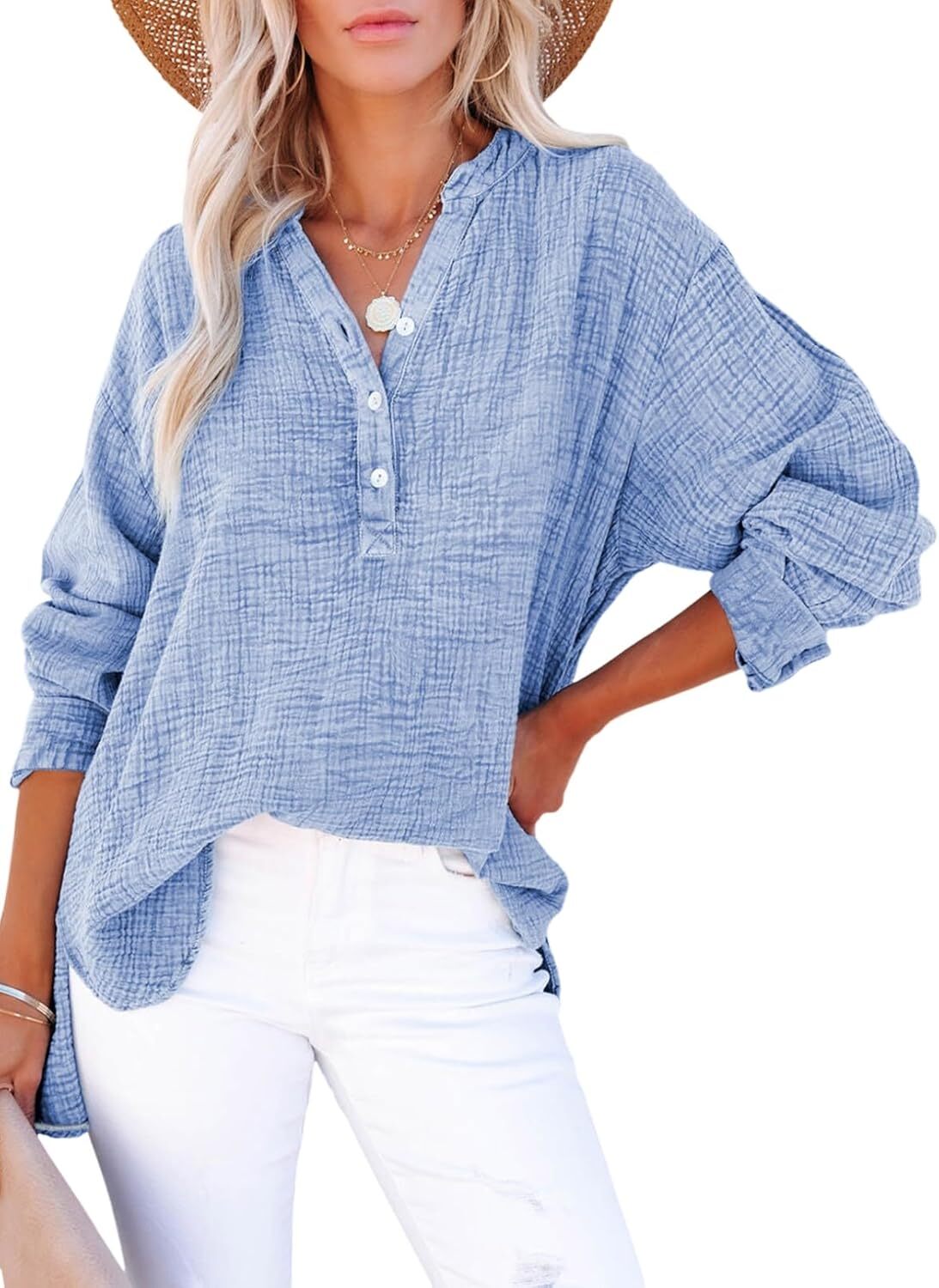 🌿 Women’s Lightweight Gauze Button Neck Oversized Long Sleeve Shirt ☀️