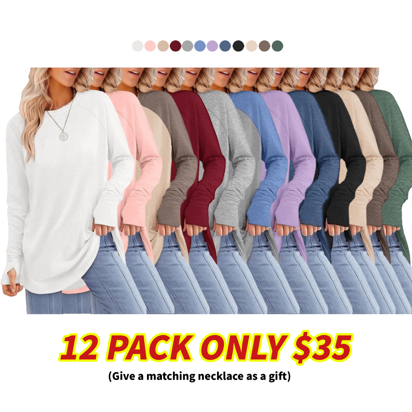 🍁 Women's Long Sleeve Tunic Top with Thumb Holes | ✨ Soft Crew Neck Shirt for Leggings