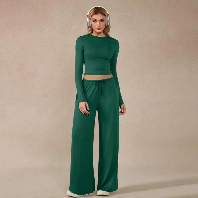 Women’s Long-Sleeve Top & Wide-Leg Pants Matching Set | Effortless Style & All-Day Comfort ✨