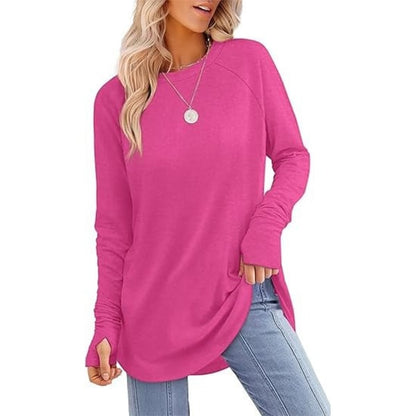 🌿 Women’s Casual Long Sleeve Tunic Top – Thumbhole Crew Neck Curved Hem Shirt for Leggings