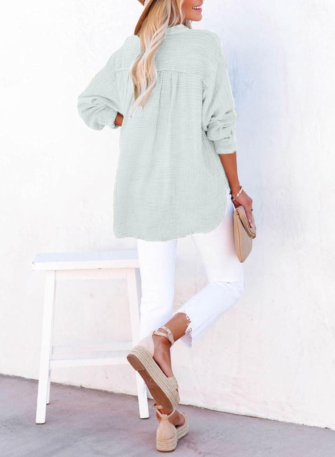 🌿 Women’s Lightweight Gauze Button Neck Oversized Long Sleeve Shirt ☀️