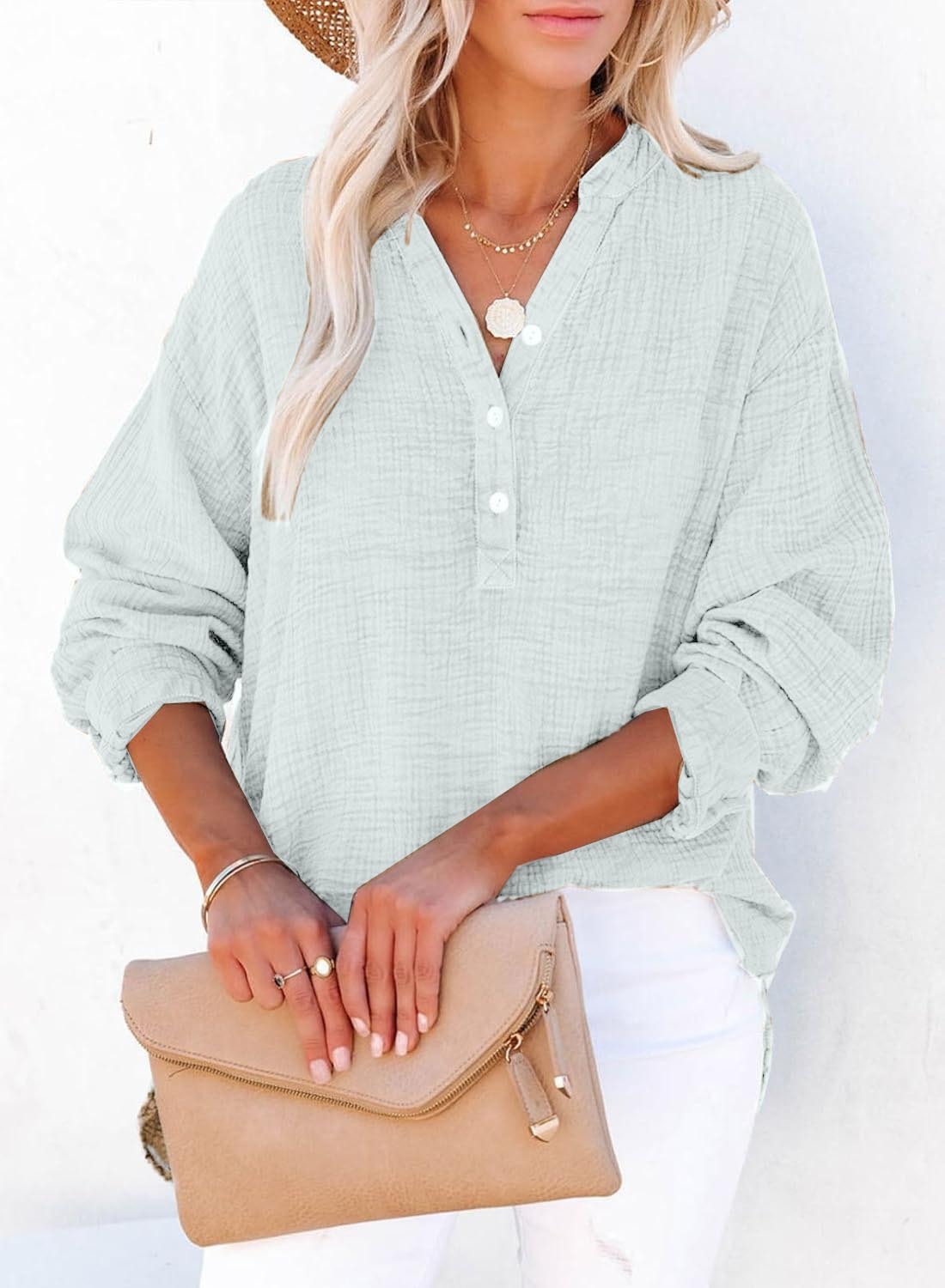 🌿 Women’s Lightweight Gauze Button Neck Oversized Long Sleeve Shirt ☀️