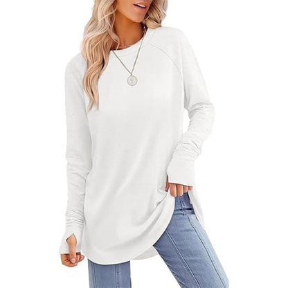 🌿 Women’s Casual Long Sleeve Tunic Top – Thumbhole Crew Neck Curved Hem Shirt for Leggings