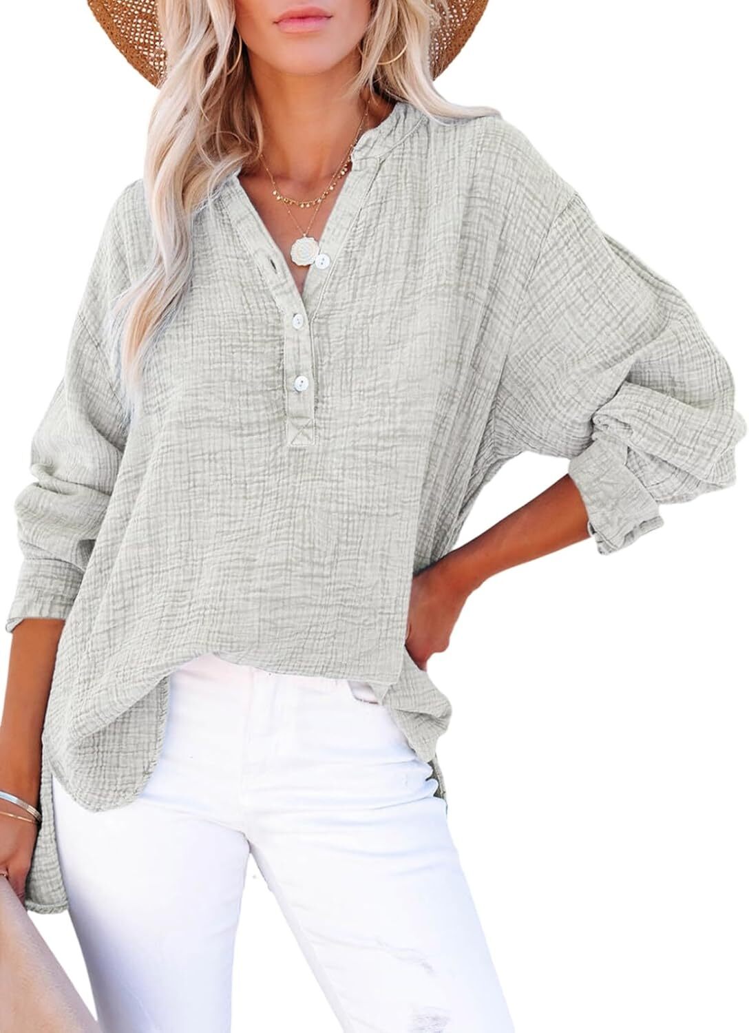 🌿 Women’s Lightweight Gauze Button Neck Oversized Long Sleeve Shirt ☀️
