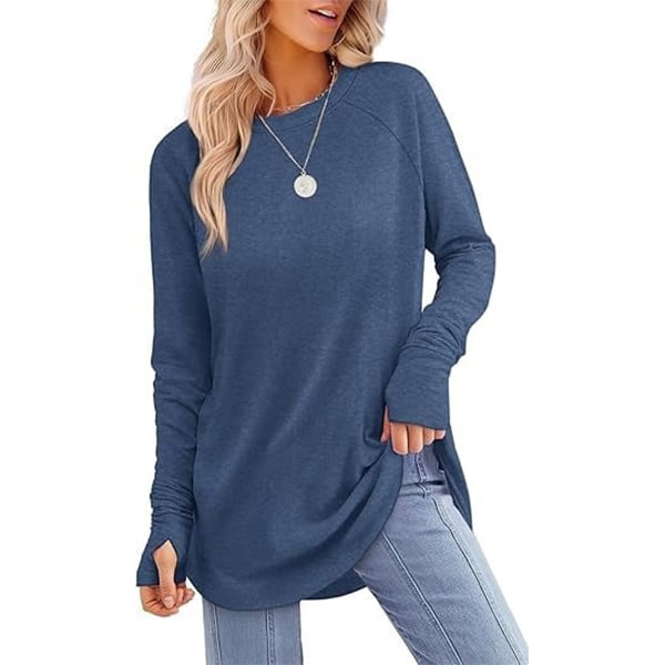 🌿 Women’s Casual Long Sleeve Tunic Top – Thumbhole Crew Neck Curved Hem Shirt for Leggings