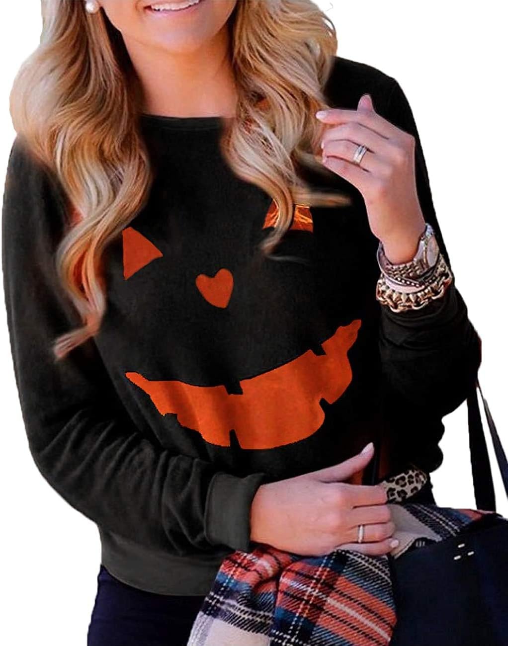 🎃 Funny Pumpkin Face Halloween Sweatshirt for Women | Slouchy Long Sleeve Witch Pullover Top 👻