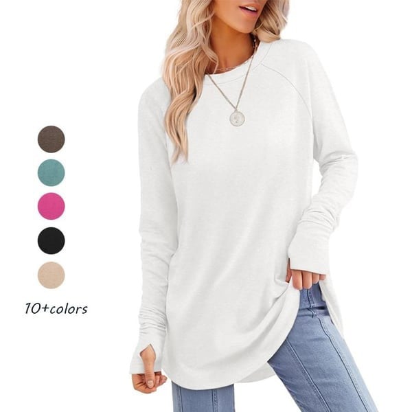 🌿 Women’s Casual Long Sleeve Tunic Top – Thumbhole Crew Neck Curved Hem Shirt for Leggings