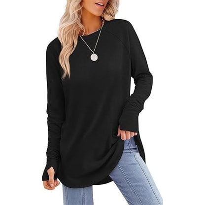 🌿 Women’s Casual Long Sleeve Tunic Top – Thumbhole Crew Neck Curved Hem Shirt for Leggings