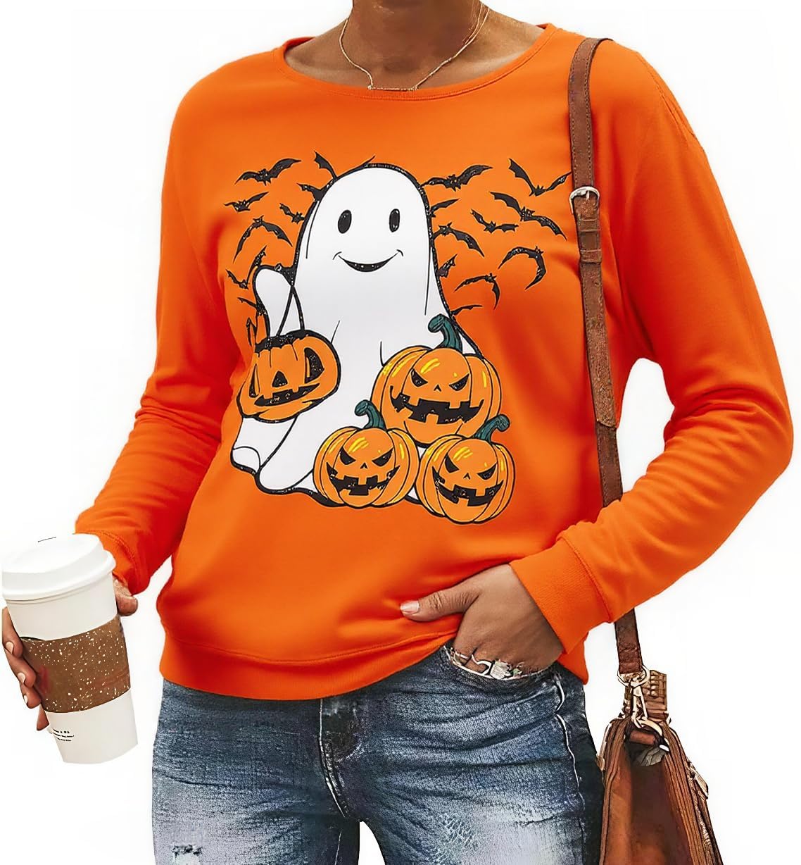 🎃 Funny Pumpkin Face Halloween Sweatshirt for Women | Slouchy Long Sleeve Witch Pullover Top 👻