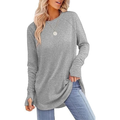 🌿 Women’s Casual Long Sleeve Tunic Top – Thumbhole Crew Neck Curved Hem Shirt for Leggings