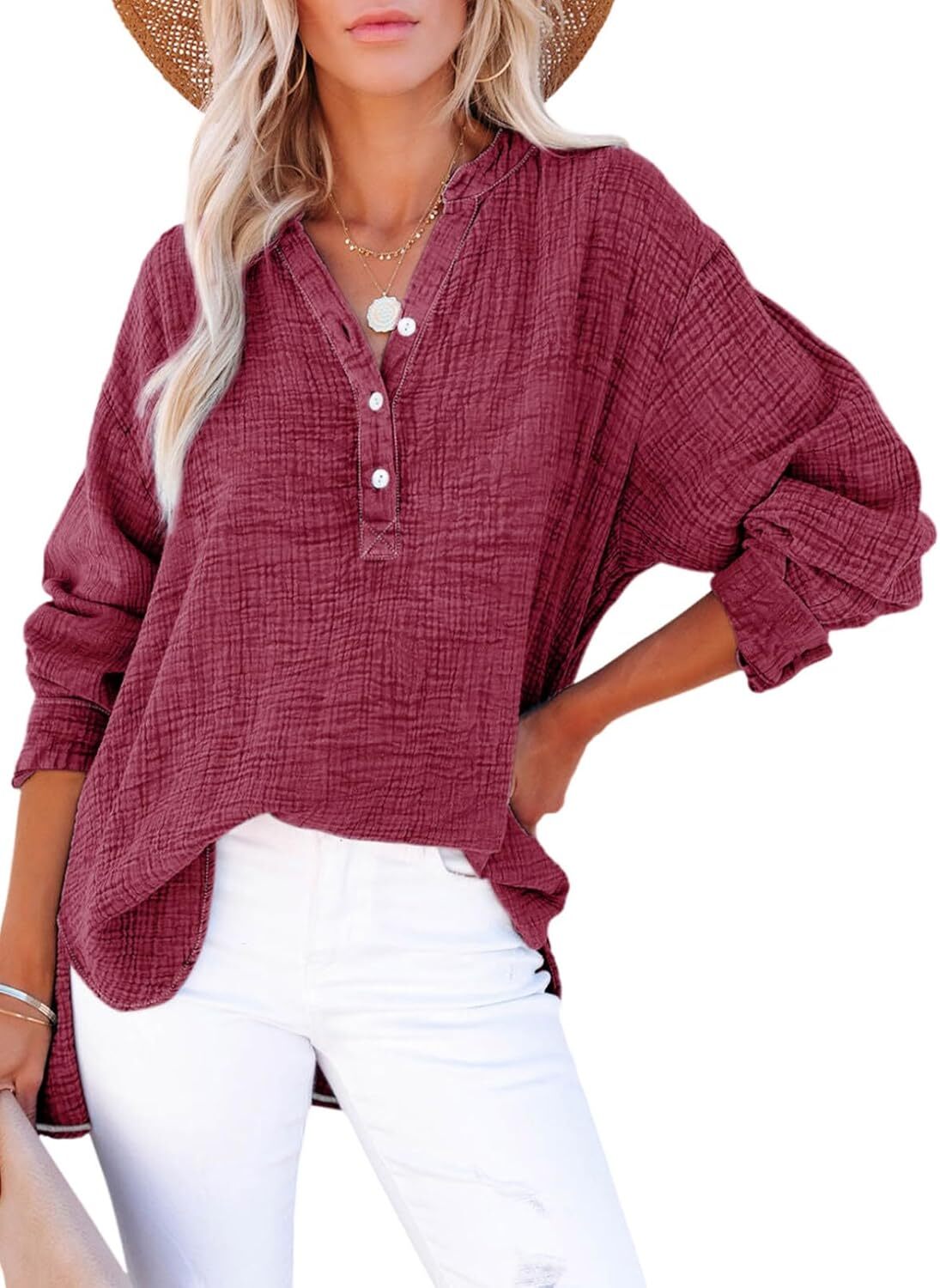 🌿 Women’s Lightweight Gauze Button Neck Oversized Long Sleeve Shirt ☀️