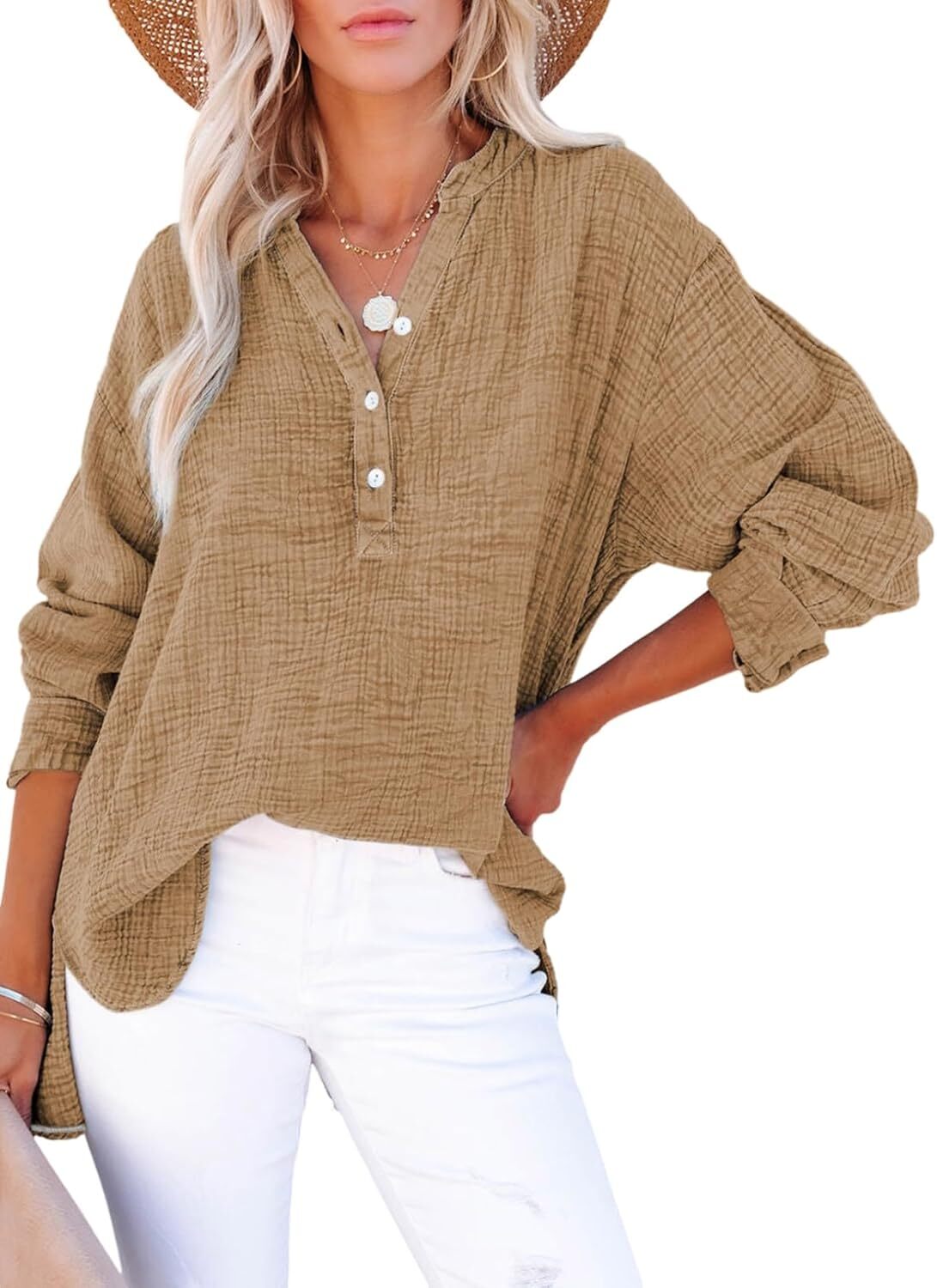 🌿 Women’s Lightweight Gauze Button Neck Oversized Long Sleeve Shirt ☀️