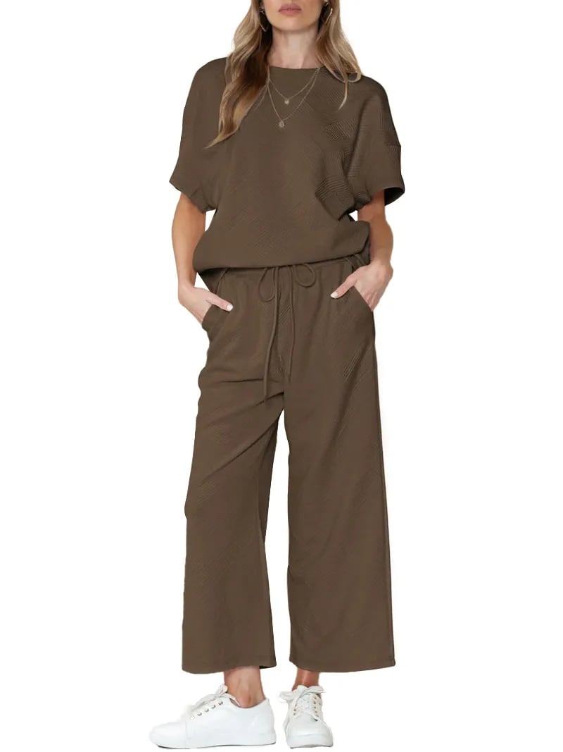 ⏰Women's Textured Loose Fit T Shirt and Drawstring Pants Casual Set