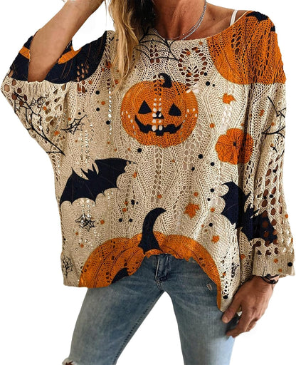 🎃 Women's Halloween Pumpkin Print Knit Sweater Top | Cozy Long Sleeve Fall Pullover | Cute Casual Loose Fit Top