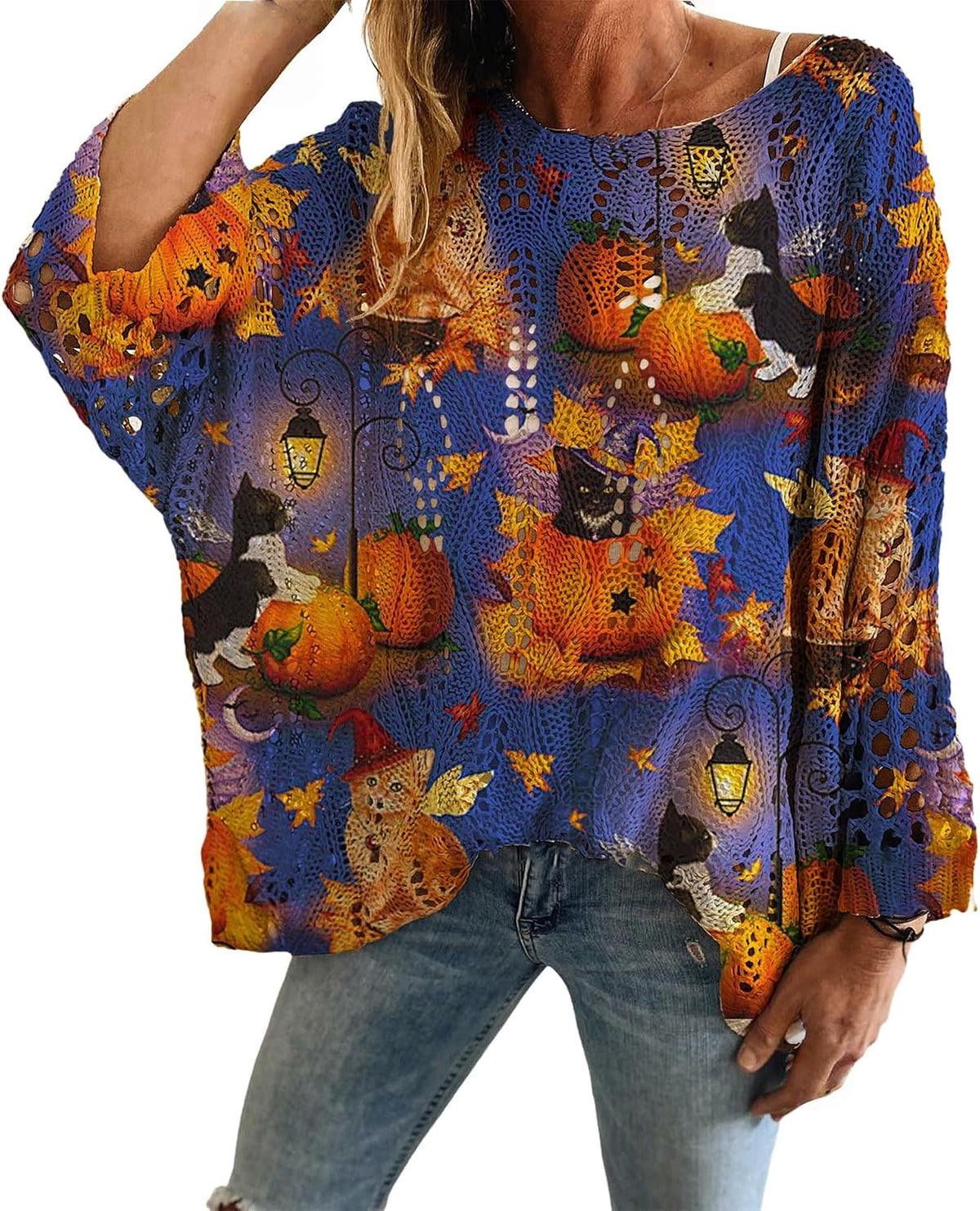🎃 Women's Halloween Pumpkin Print Knit Sweater Top | Cozy Long Sleeve Fall Pullover | Cute Casual Loose Fit Top