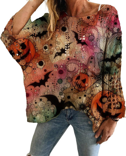 🎃 Women's Halloween Pumpkin Print Knit Sweater Top | Cozy Long Sleeve Fall Pullover | Cute Casual Loose Fit Top