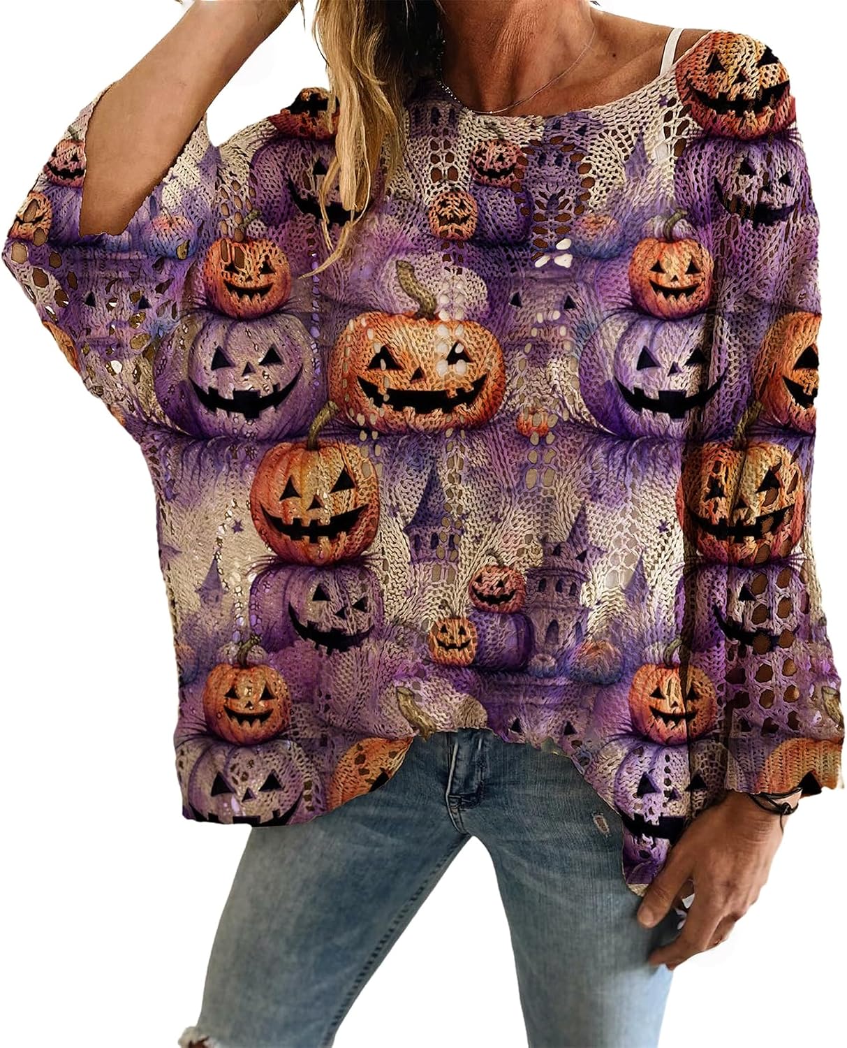 🎃 Women's Halloween Pumpkin Print Knit Sweater Top | Cozy Long Sleeve Fall Pullover | Cute Casual Loose Fit Top