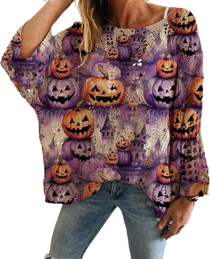 🎃 Women's Halloween Pumpkin Print Knit Sweater Top | Cozy Long Sleeve Fall Pullover | Cute Casual Loose Fit Top