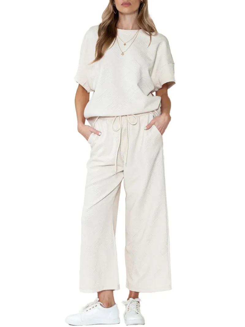 ⏰Women's Textured Loose Fit T Shirt and Drawstring Pants Casual Set