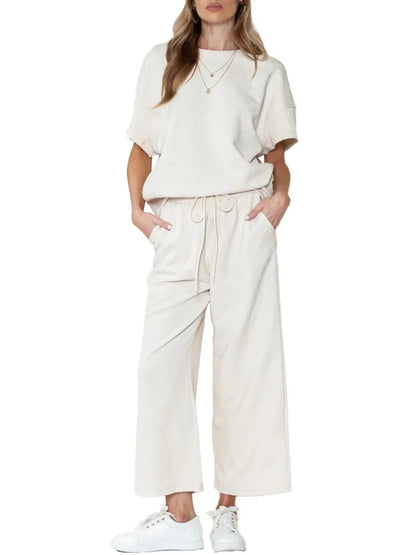 ⏰Women's Textured Loose Fit T Shirt and Drawstring Pants Casual Set