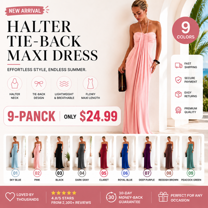 👗 Women's Halter Tie Back Maxi Dress with Pockets | Flowy Sleeveless Summer Beach Vacation Dress ☀️🏖️