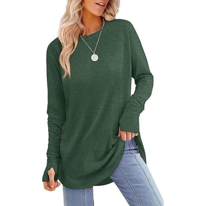 🌿 Women’s Casual Long Sleeve Tunic Top – Thumbhole Crew Neck Curved Hem Shirt for Leggings