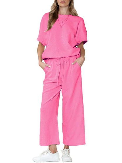 ⏰Women's Textured Loose Fit T Shirt and Drawstring Pants Casual Set