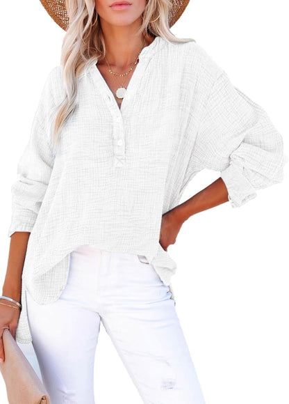 🌿 Women’s Lightweight Gauze Button Neck Oversized Long Sleeve Shirt ☀️