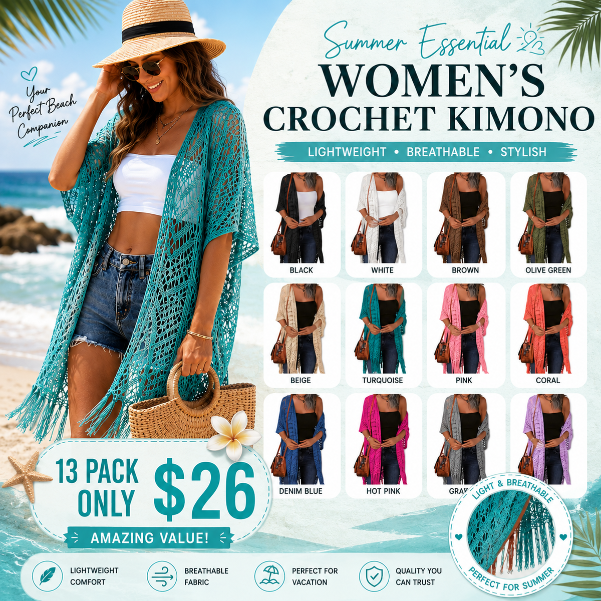 ✨ Women's Oversized Open Front Crochet Knit Cardigan 🌸 – Lightweight Tassel Kimono 💕