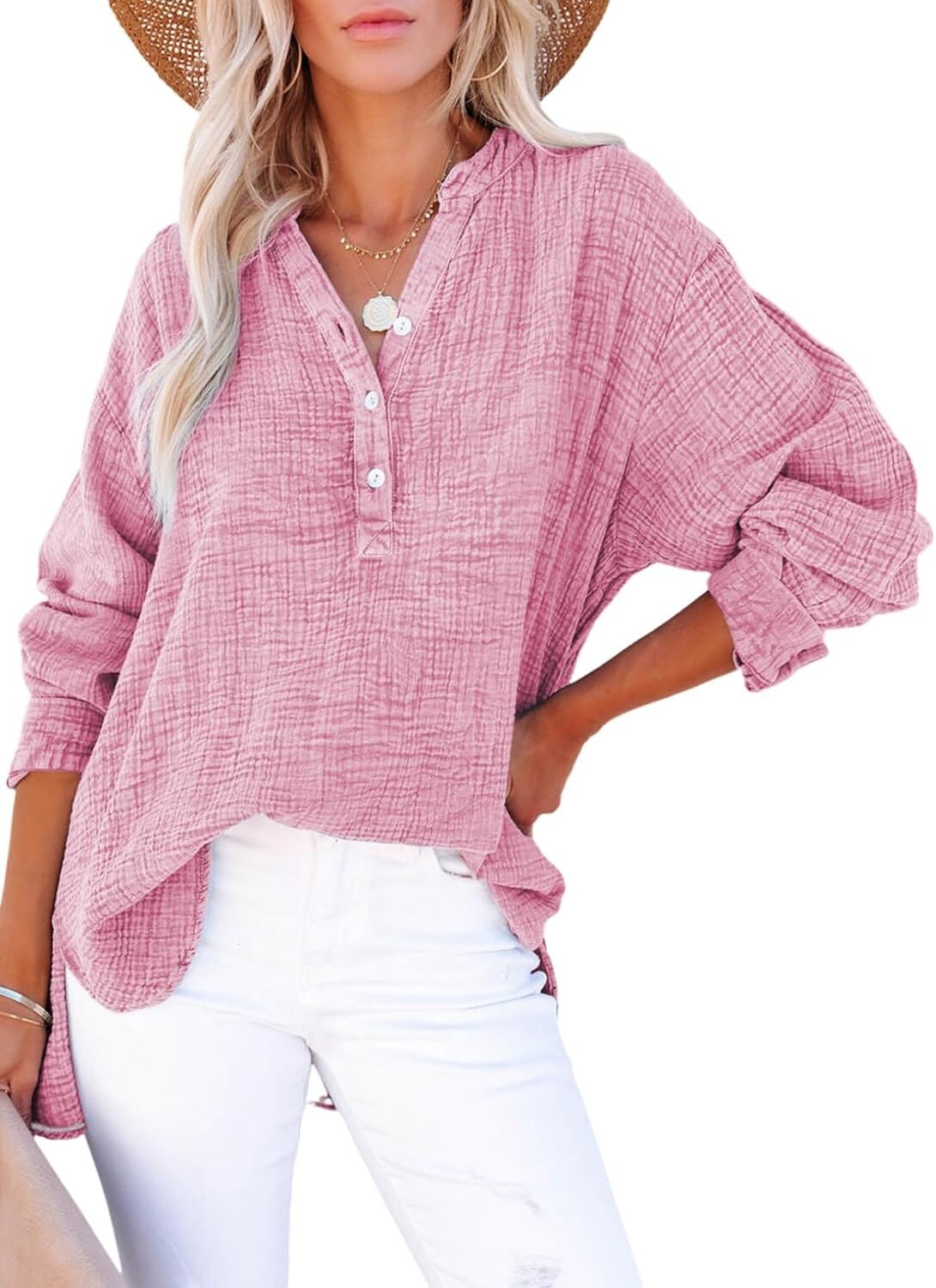 🌿 Women’s Lightweight Gauze Button Neck Oversized Long Sleeve Shirt ☀️