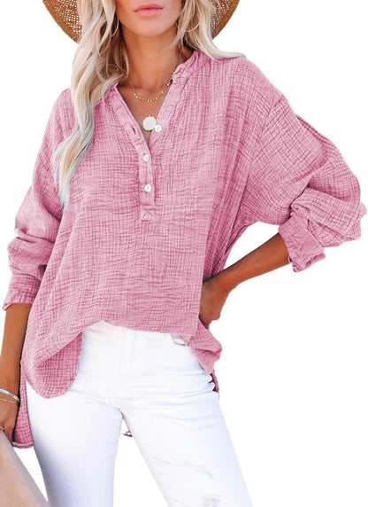 🌿 Women’s Lightweight Gauze Button Neck Oversized Long Sleeve Shirt ☀️